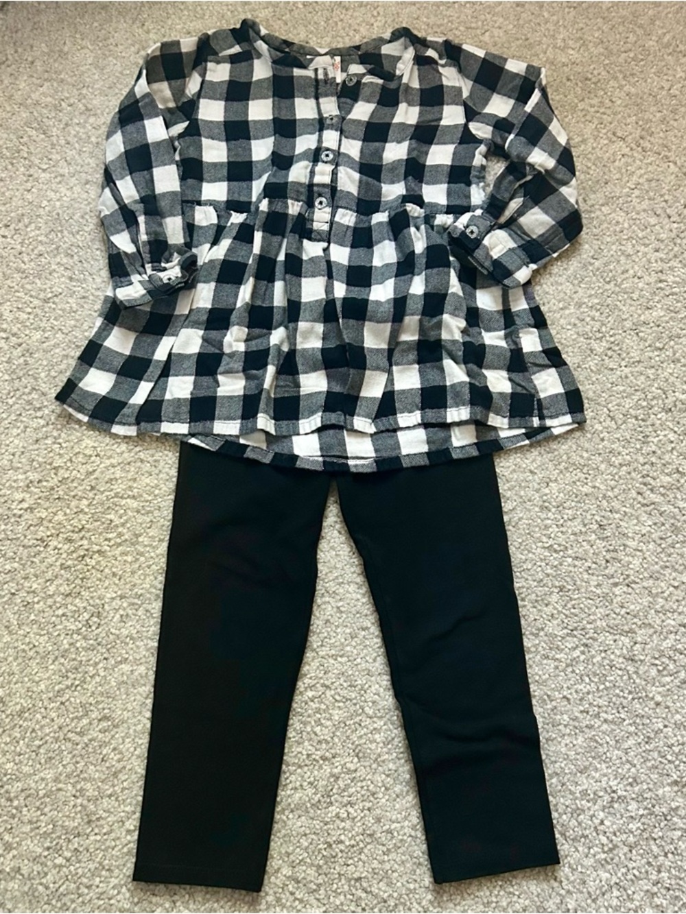 Set of Black and White Buffalo Plaid Shirt and black leggings 3T